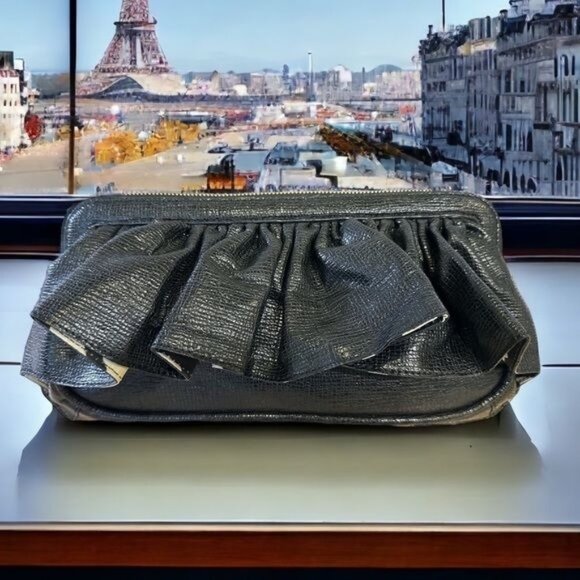 KORTO Momolu Designer Textured Faux Leather Ruffle Zebra Satin Lined Clutch Bag - Picture 2 of 15